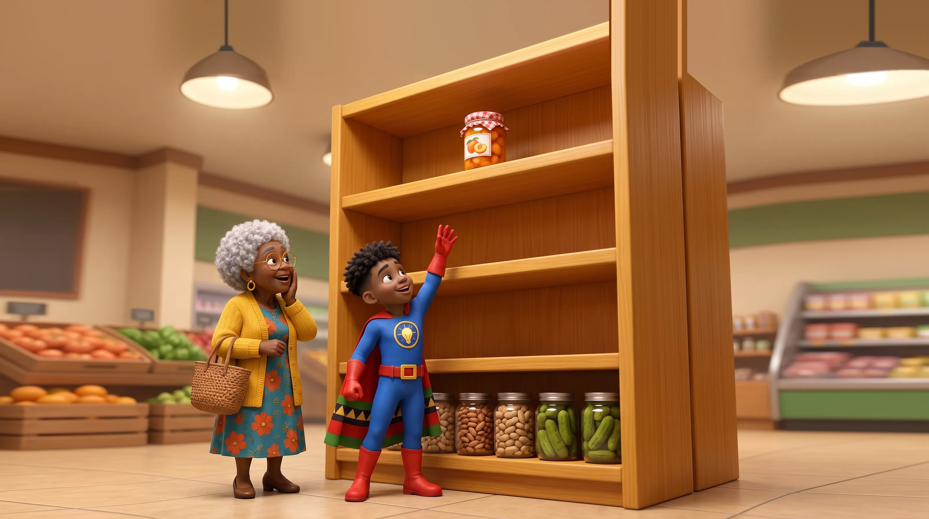 Tre reaches up toward the last jar of peach preserves on a tall, empty grocery store shelf while Grandma smiles beside him.