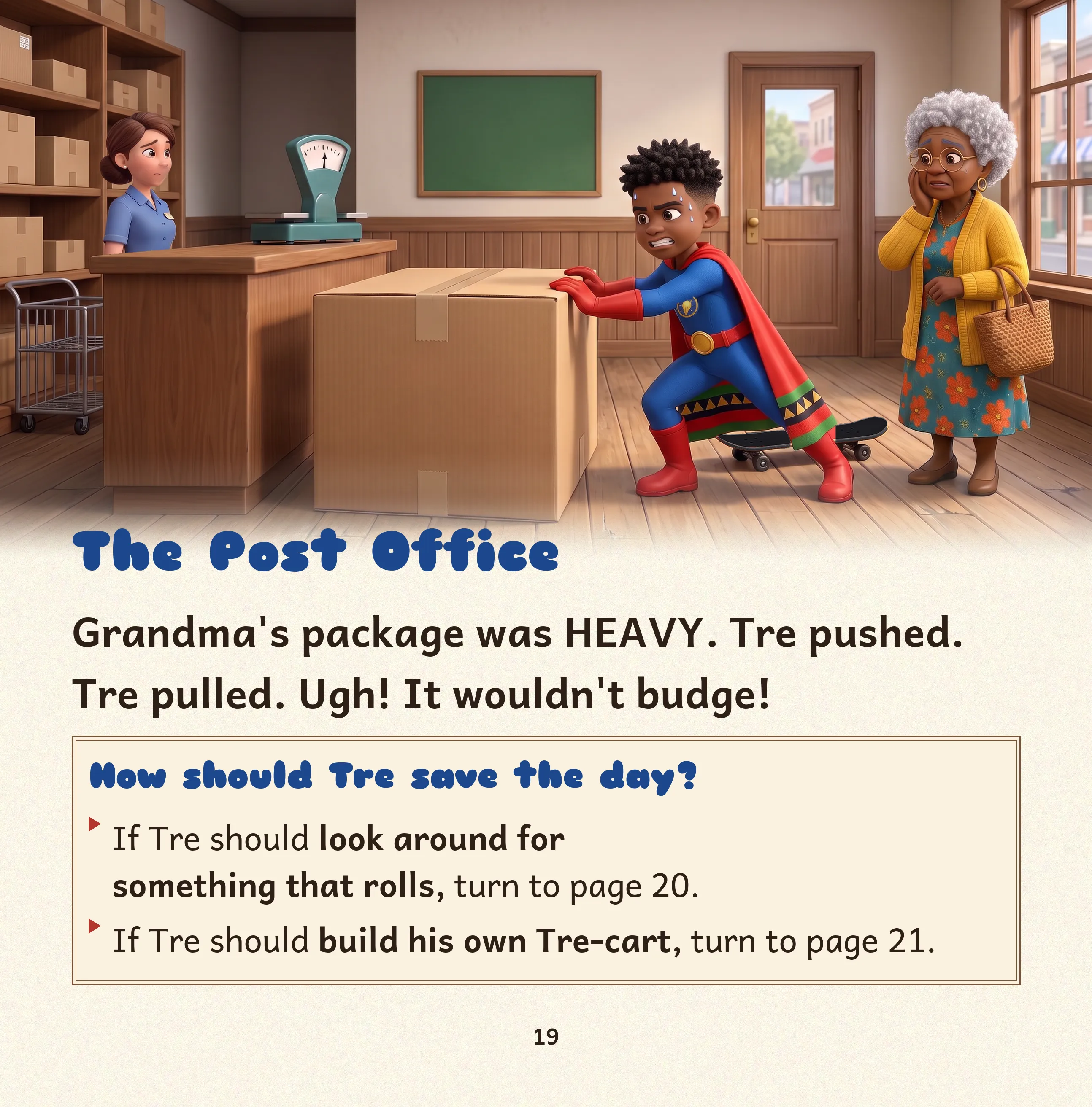 Page 19 of Tre Saves the Day with Grandma, The Post Office: Tre pushes hard against a big box while Grandma and a postal worker watch, his black skateboard on the floor beside him. How should Tre save the day? If Tre should look around for something that rolls, turn to page 20. If Tre should build his own Tre-cart, turn to page 21.
