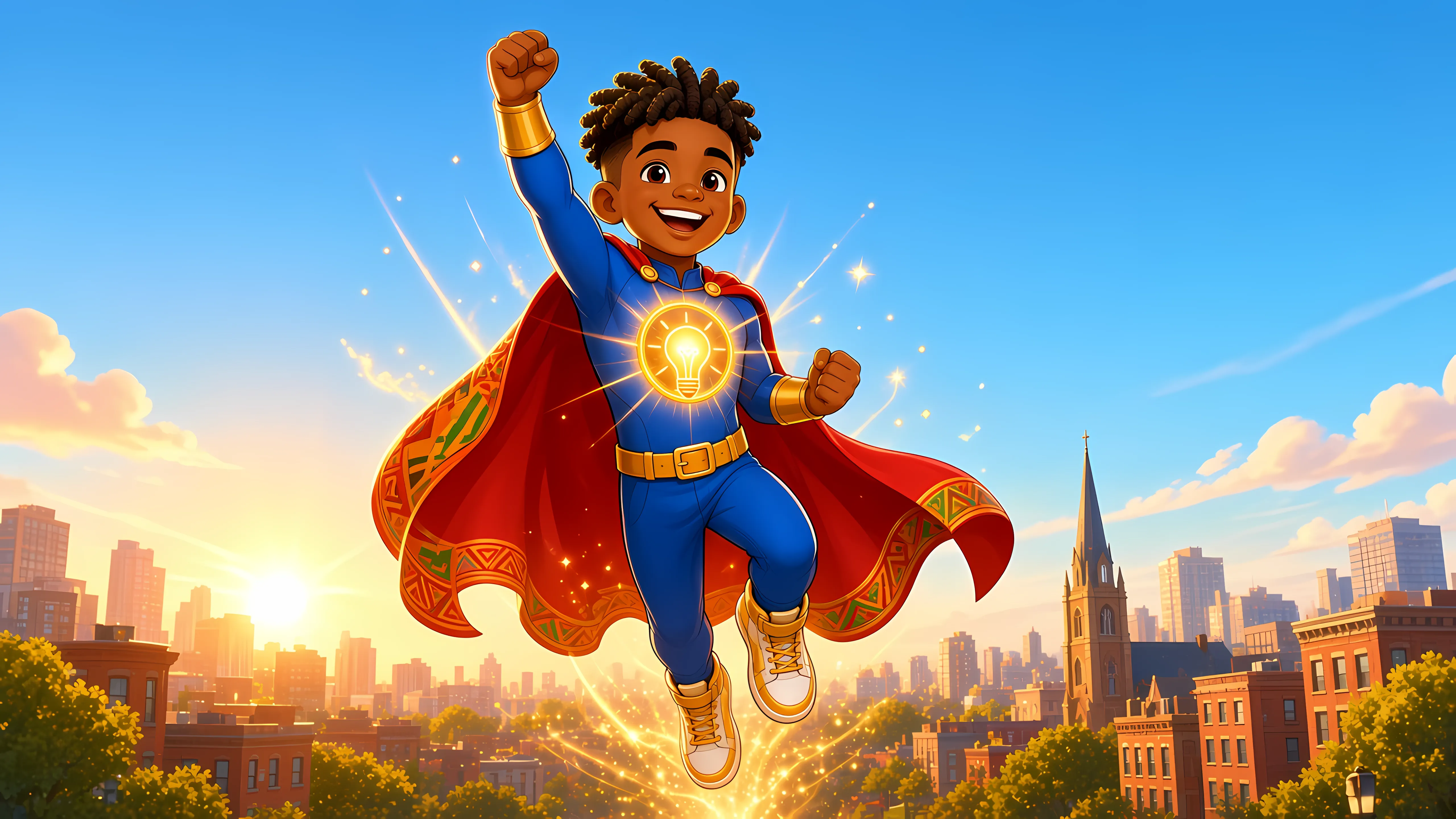 Tre, a 10-year-old Black superhero in a blue suit and red cape, flies over his city with his fist raised.