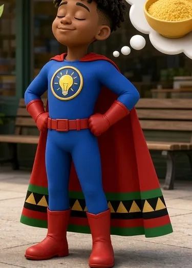 Tre stands with his eyes closed and his hands on his hips, picturing a bowl of food in a thought bubble. His cape is solid bright red. Only the bottom hem has a pattern: thin green, red and black stripes, a black band with big gold triangles pointing up, then thin black, red and green stripes.