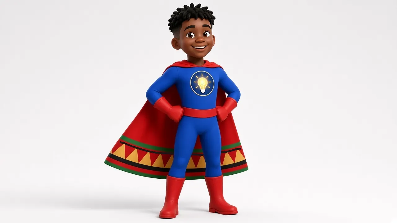Tre's official look: a smiling 10-year-old Black boy superhero with his hands on his hips, in a royal-blue suit with a glowing lightbulb emblem, a red belt, red gloves, red boots and a red cape with a patterned hem.
