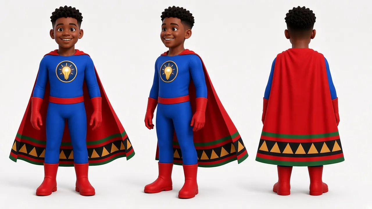 Tre's official reference sheet, showing him from the front, from a three-quarter view and from the back.